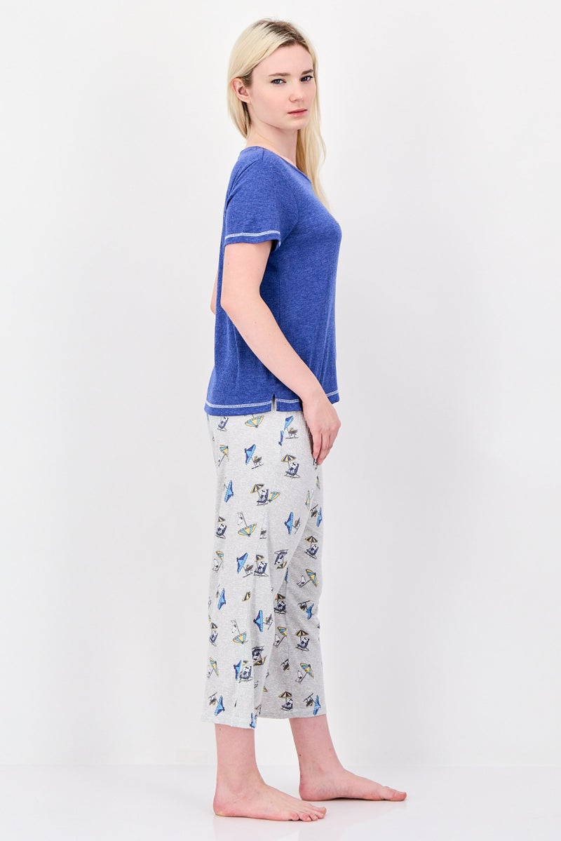 Peanuts Women 2Pcs Snoopy Print Pajama Top And Pants Set, Blue - Image 3